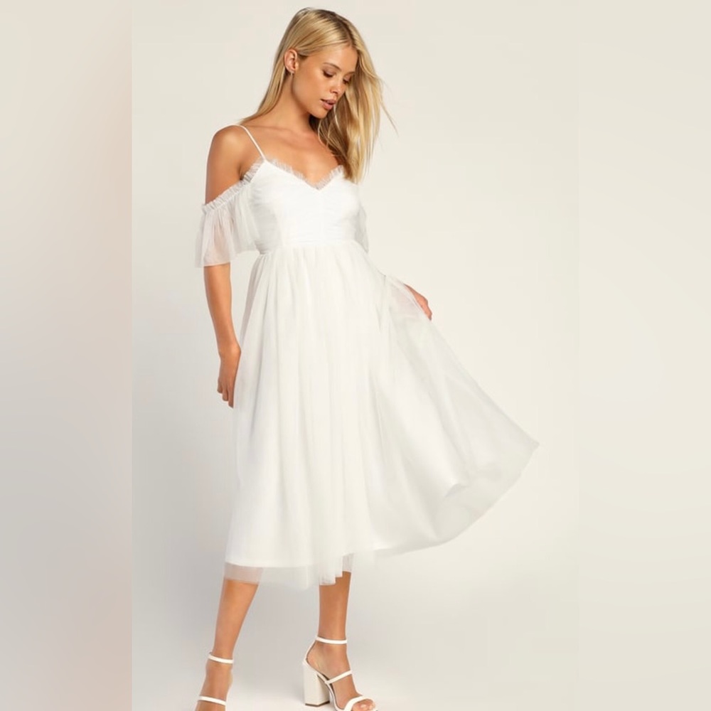 Lulus Always An Angel White Tulle Cold Shoulder Midi Dress